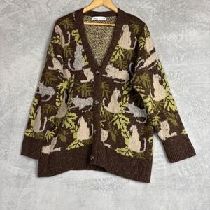 Zara Oversized Cat Cardigan L Brown Green Metallic Intarsia Knit Oversized